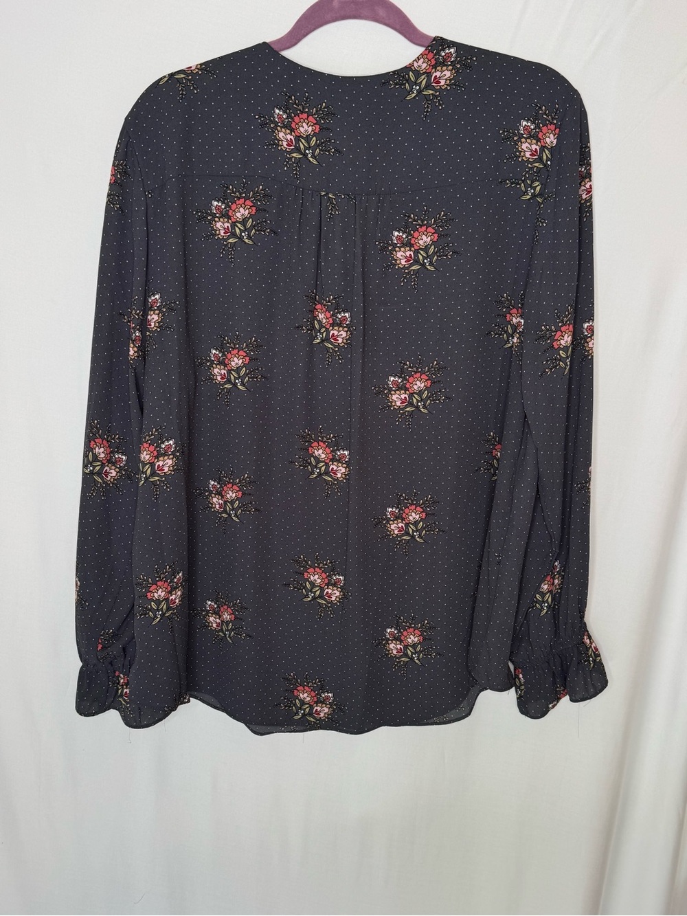 T Tahari XL Floral Polka Dot Button Front Blouse Smocked Ruffle Sleeve - Picture 2 of 6